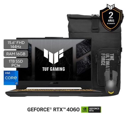 Laptop Asus TUF Gaming F15 (2023) Intel Core i7-12700H RTX 4050 16Gb 1Tb 15.6" FHD FreeDOS Grey w/ Mouse y Mochila