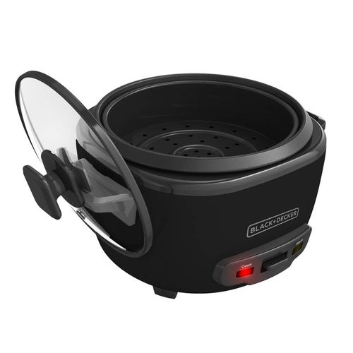 Olla arrocera black decker capacidad 7 tzs crudas 14 tzs cocidas 1,2 lts tapa vidrio multiusos negra